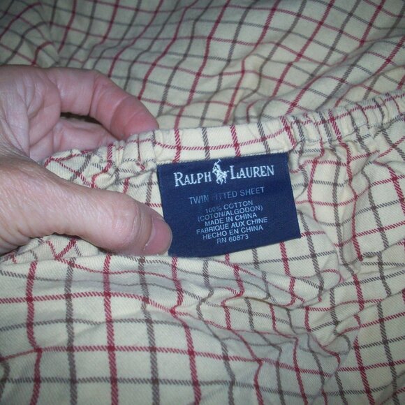 RALPH LAUREN VINTAGE Brown Red Check TWIN FITTED SHEET 100% Cotton, has flaws - Picture 4 of 11